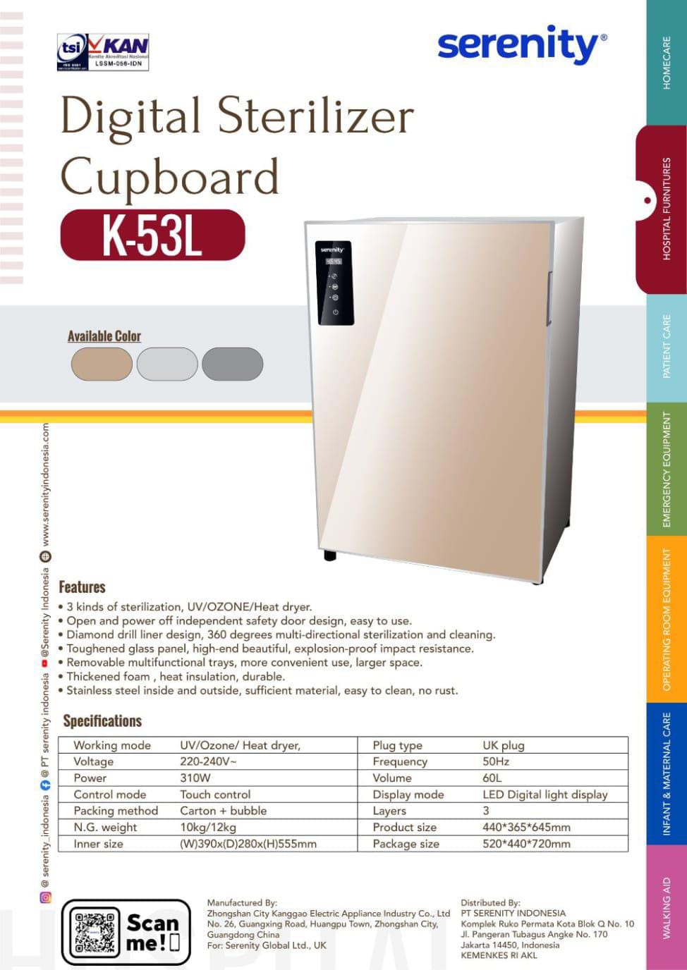 STERILISATOR 1 PINTU SERENITY K-53L